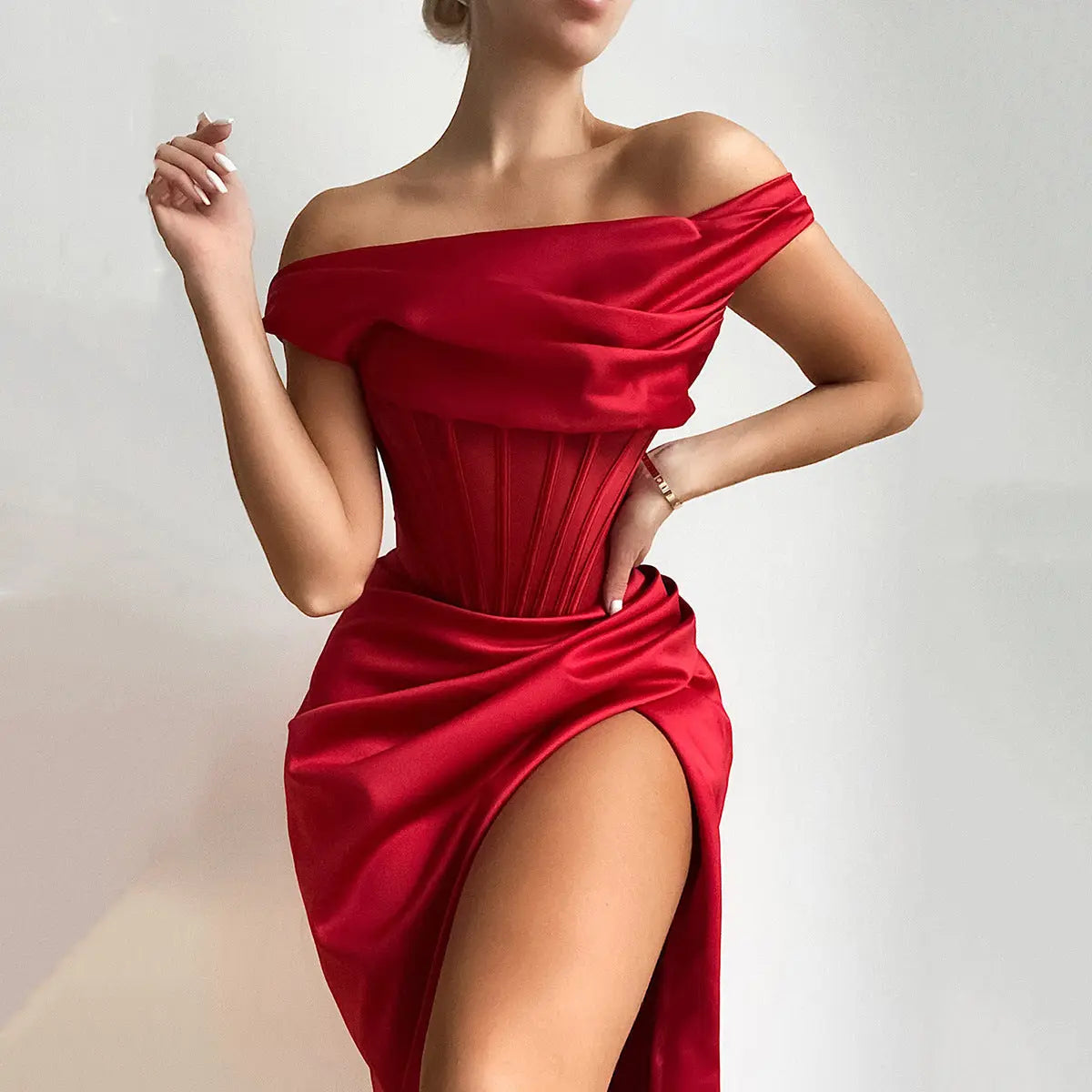 One Shoulder Satin Dress Mesh Hollow out Boned Side Split Bodycon - GLR SHOPPING