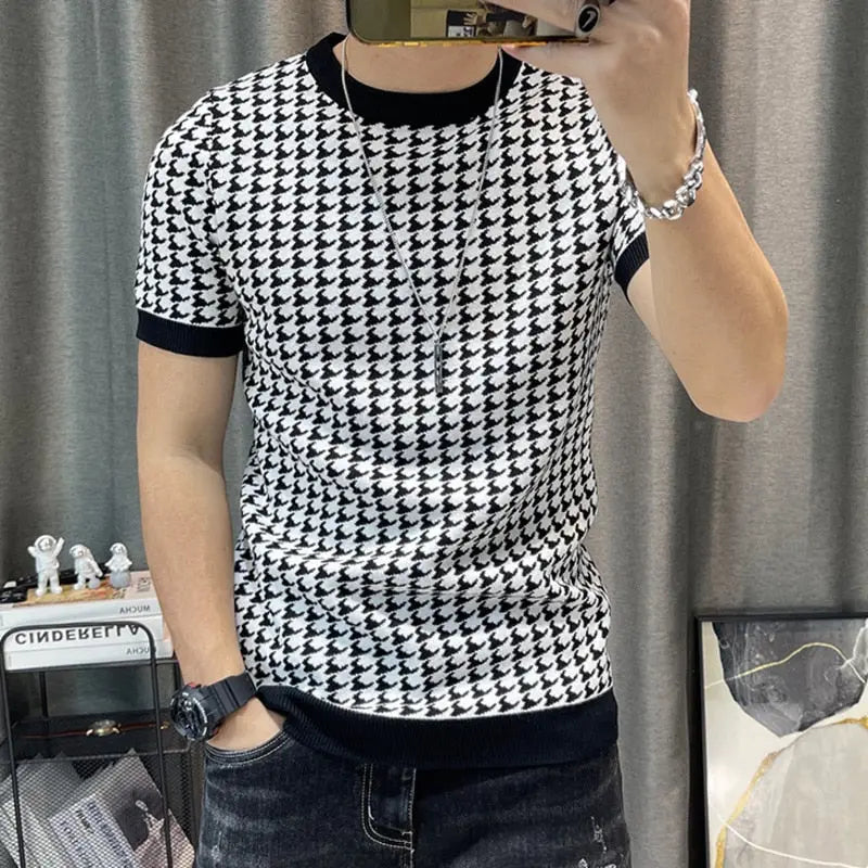2023 Spring Short Sleeve Sweater T-shirt Men Plaid Knitted Thickened - GLR SHOPPING