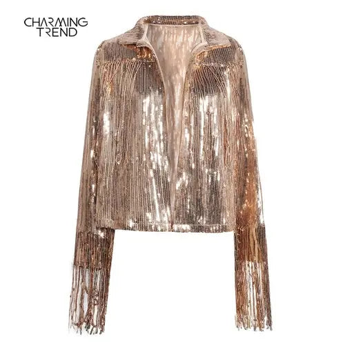 Women Tassel Sequin Jacket 2022 Autumn Winter Streewear Rock BF Retro - GLR SHOPPING
