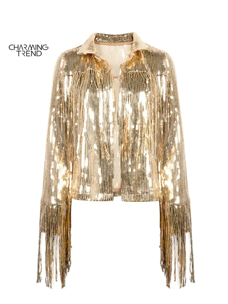 Women Tassel Sequin Jacket 2022 Autumn Winter Streewear Rock BF Retro - GLR SHOPPING