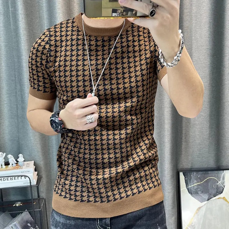 2023 Spring Short Sleeve Sweater T-shirt Men Plaid Knitted Thickened - GLR SHOPPING