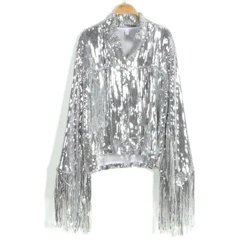 Women Tassel Sequin Jacket 2022 Autumn Winter Streewear Rock BF Retro - GLR SHOPPING