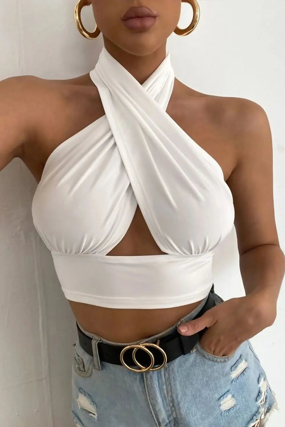 White Cross Front Halter Neck Underbust Top - GLR SHOPPING