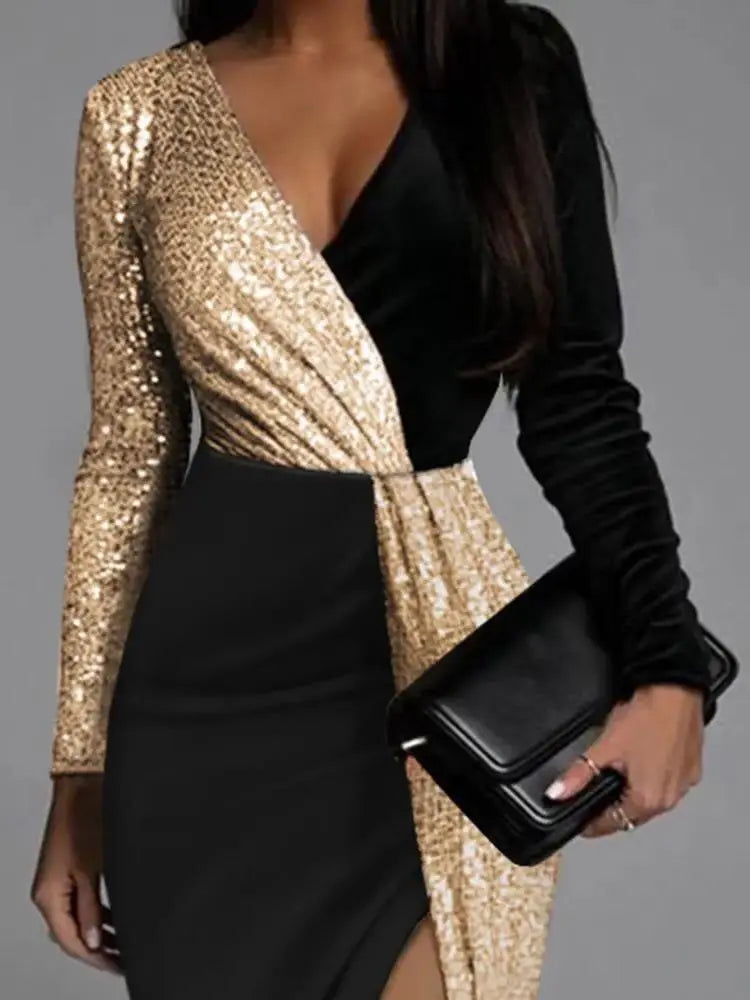Long Sleeved Gold Black Sequin Dress | Black Dresses Party Gold - GLR SHOPPING