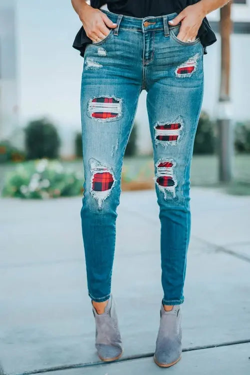 Women's Fashion Red Plaid Patch Destroyed Skinny Jeans - GLR SHOPPING