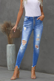 Fashion Blue High Rise Button Front Frayed Ankle Skinny Jeans - GLR SHOPPING