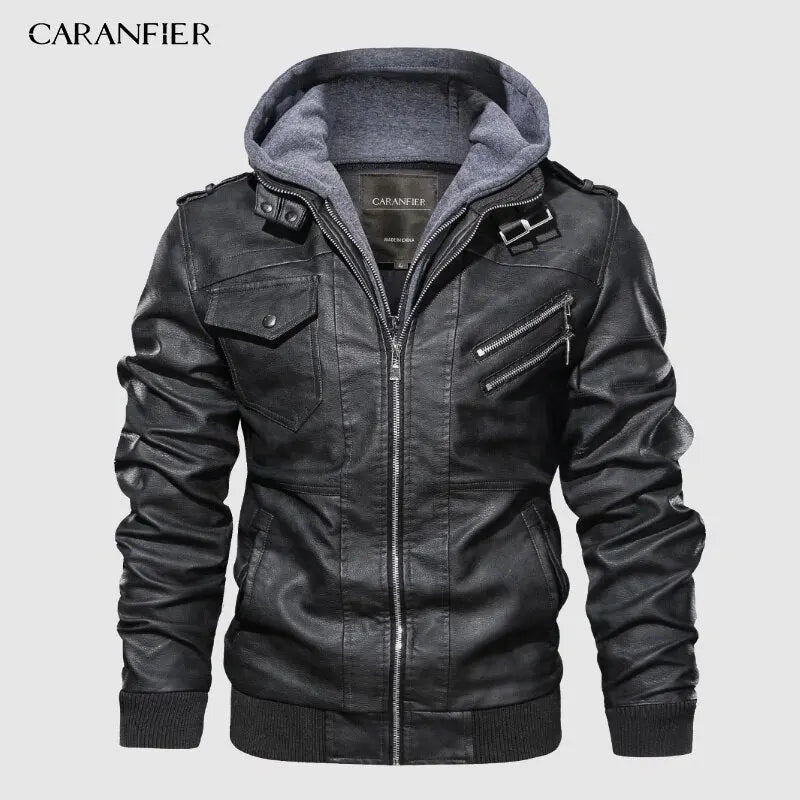 CARANFIER Mens PU Hooded Jackets Coats Motorcycle Biker Faux Leather Jacket Men Classic Winter Jackets Clothes  European Size - GLR SHOPPING