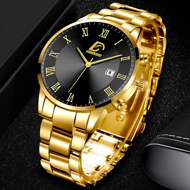Fashion Mens Gold Stainless Steel Watches Luxury Minimalist Quartz Wrist Watch Men Business Casual Watch - GLR SHOPPING