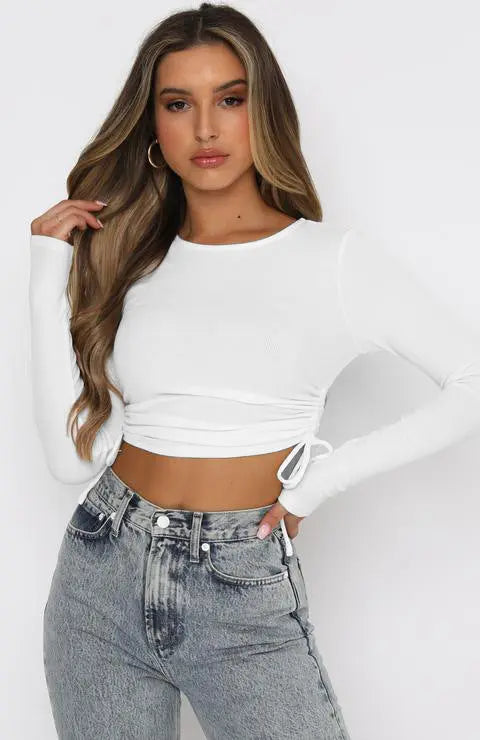 Trendy Drawstring Crew Neck Long Sleeve Cropped Navel T-Shirt - GLR SHOPPING