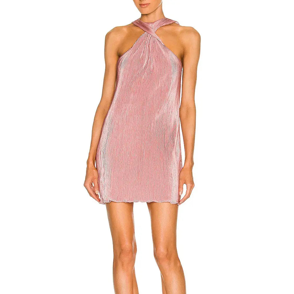 Sexy Round Neck Twist Off Shoulder Pleated Dress - GLR SHOPPING