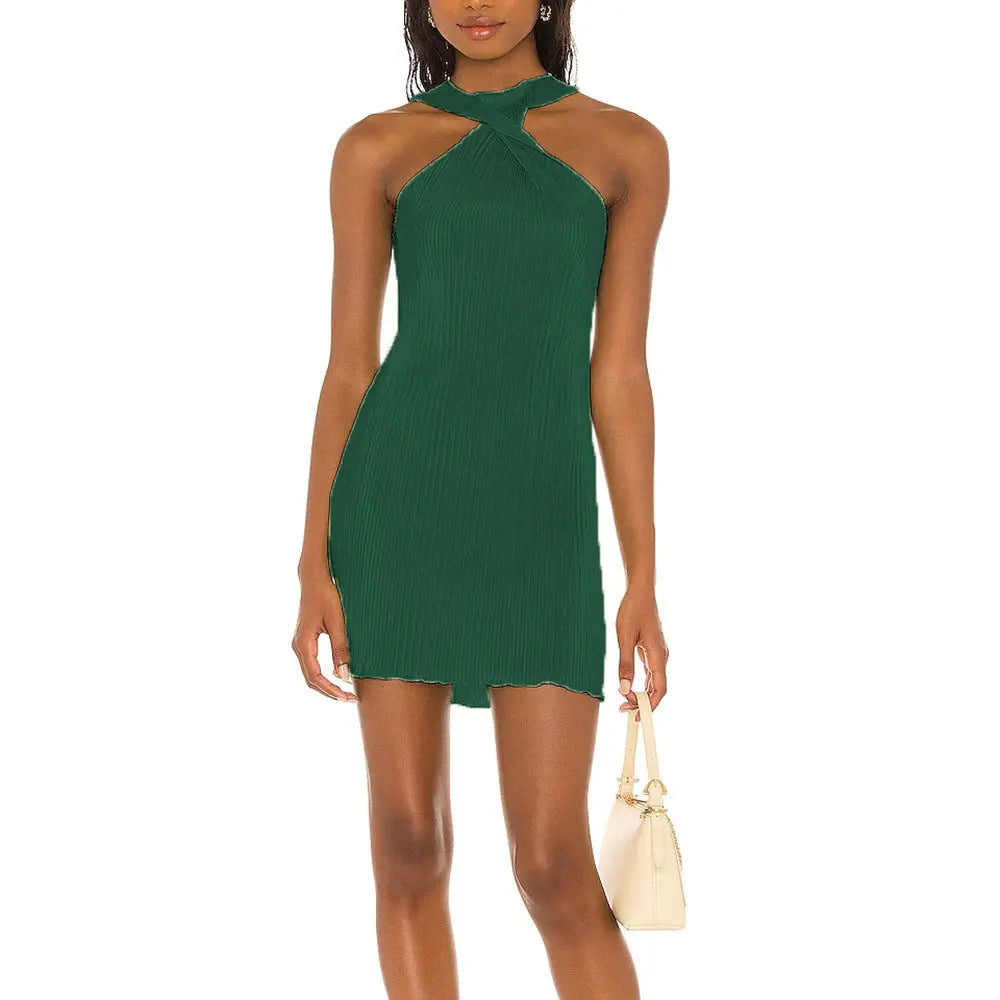 Sexy Round Neck Twist Off Shoulder Pleated Dress - GLR SHOPPING
