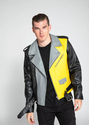 Men's Block Print Moto Style Faux Leather Jacket - Yellow/Gray - GLR SHOPPING