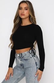 Trendy Drawstring Crew Neck Long Sleeve Cropped Navel T-Shirt - GLR SHOPPING