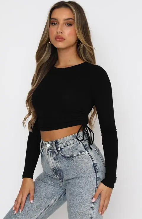 Trendy Drawstring Crew Neck Long Sleeve Cropped Navel T-Shirt - GLR SHOPPING