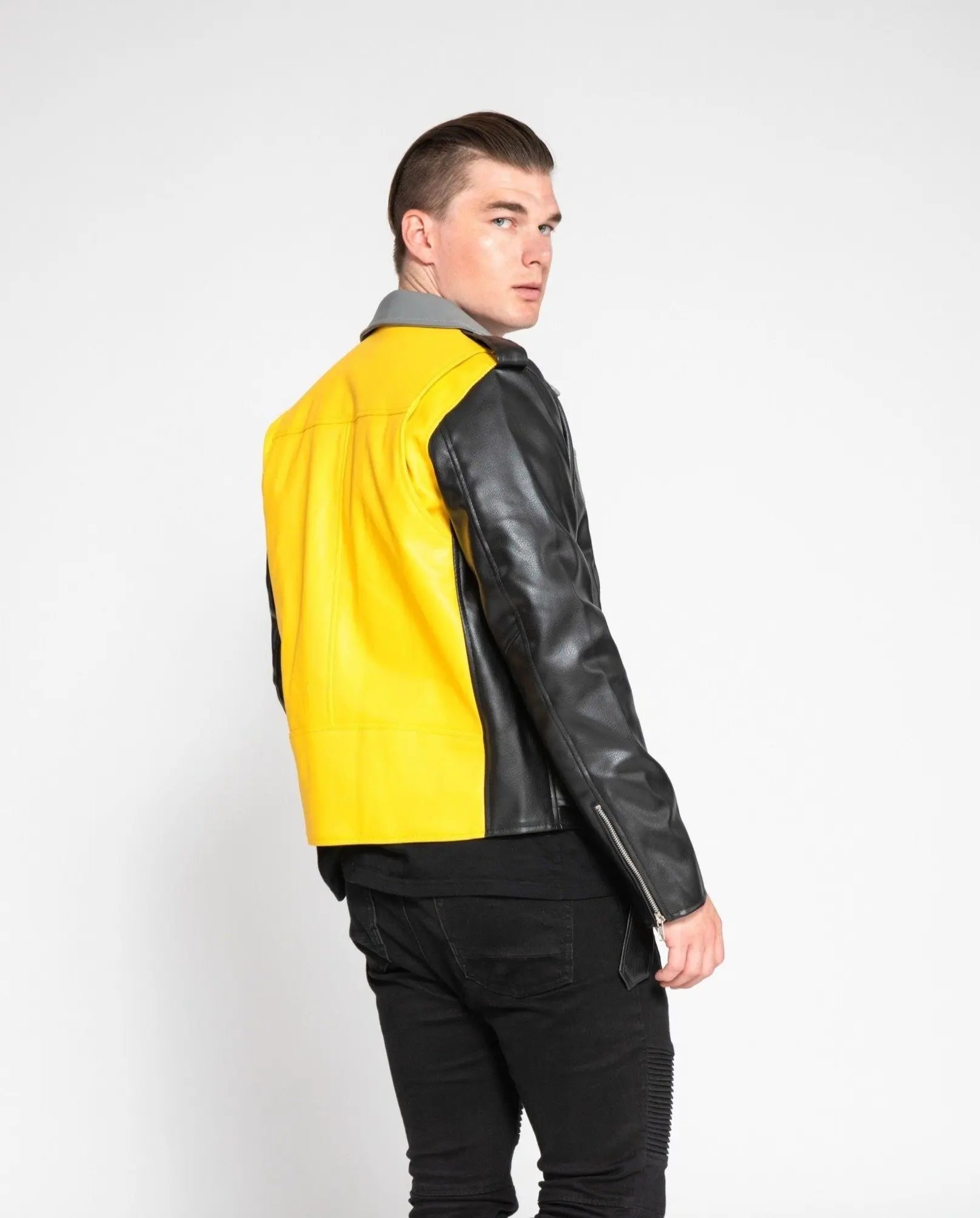 Men's Block Print Moto Style Faux Leather Jacket - Yellow/Gray - GLR SHOPPING