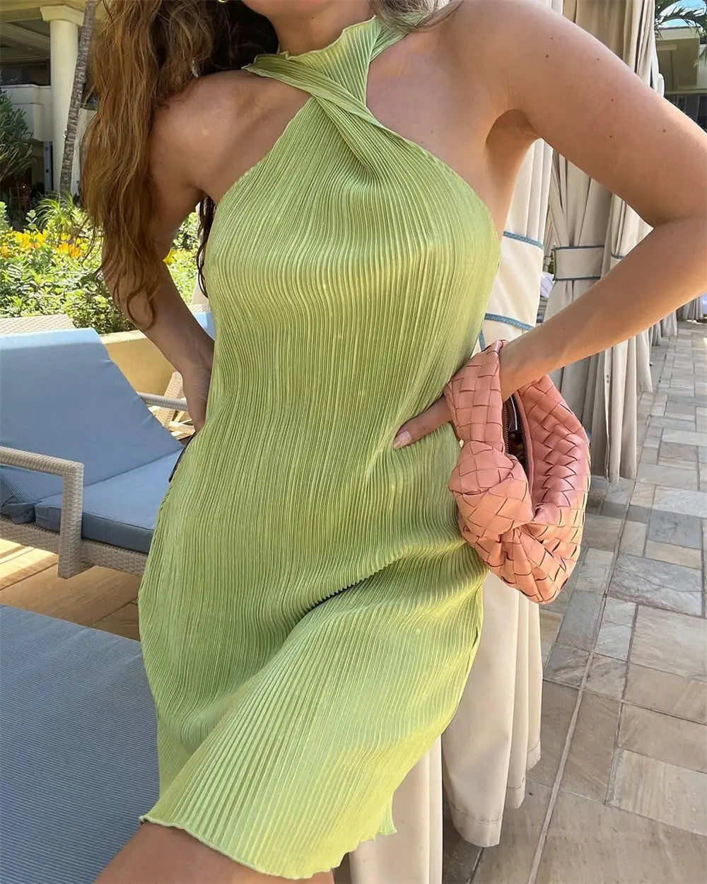 Sexy Round Neck Twist Off Shoulder Pleated Dress - GLR SHOPPING