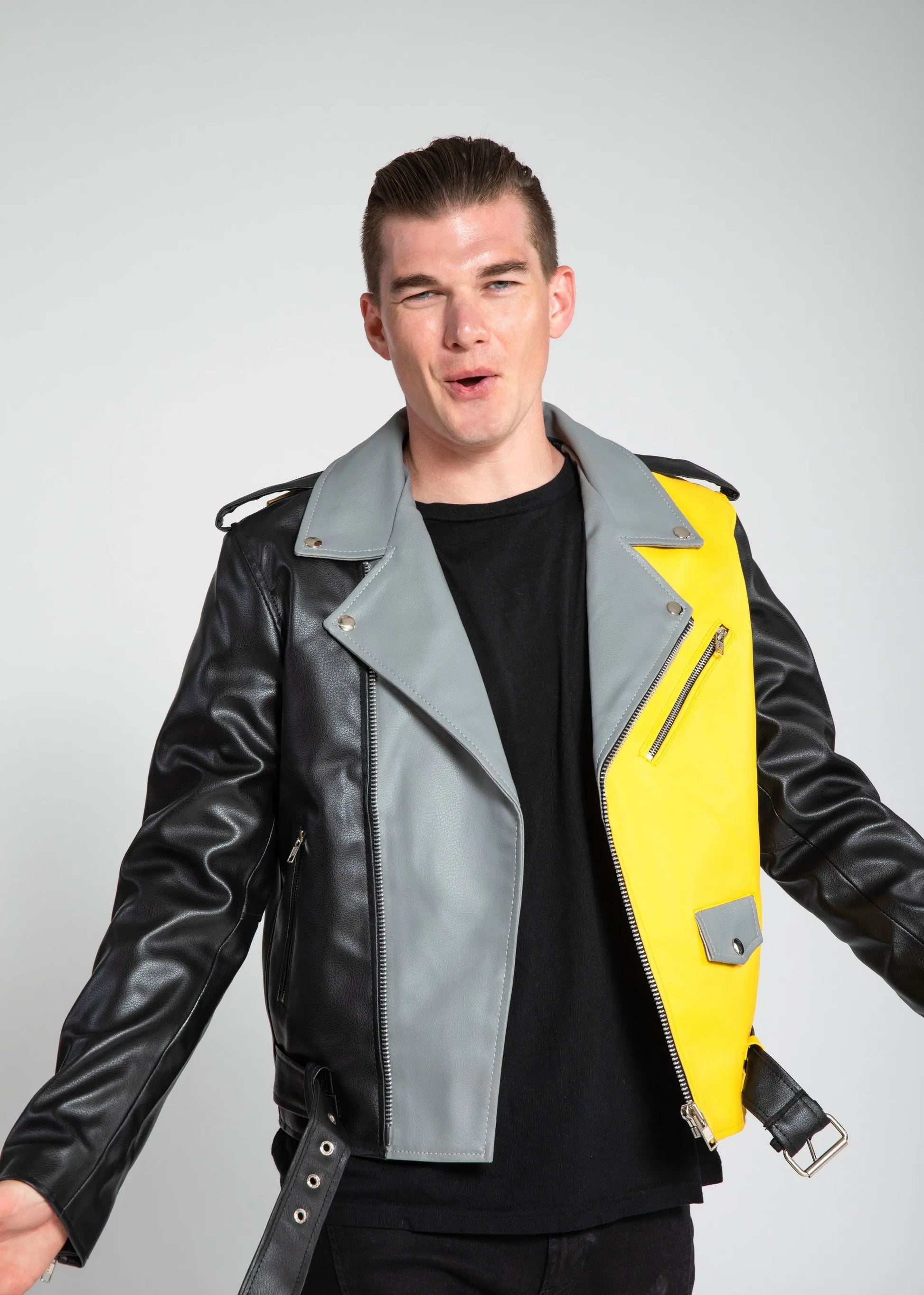 Men's Block Print Moto Style Faux Leather Jacket - Yellow/Gray - GLR SHOPPING