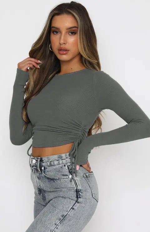 Trendy Drawstring Crew Neck Long Sleeve Cropped Navel T-Shirt - GLR SHOPPING