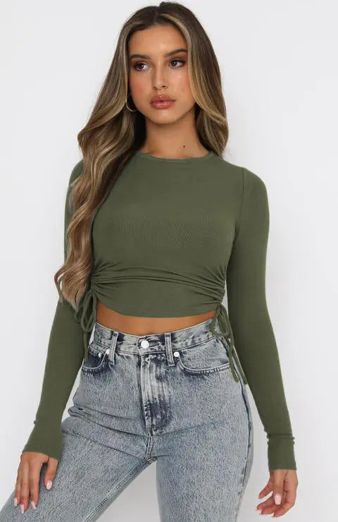 Trendy Drawstring Crew Neck Long Sleeve Cropped Navel T-Shirt - GLR SHOPPING