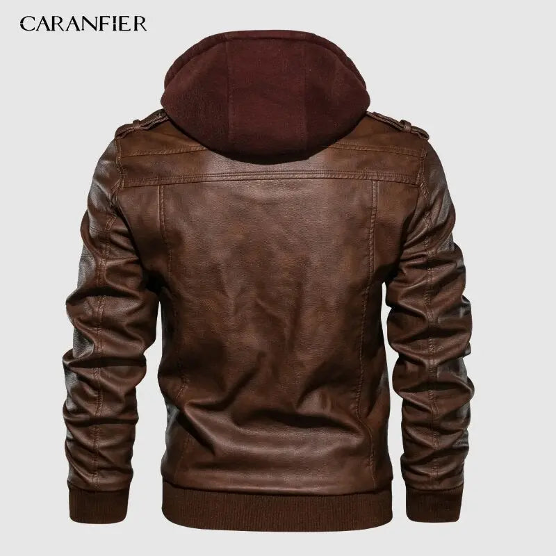 CARANFIER Mens PU Hooded Jackets Coats Motorcycle Biker Faux Leather Jacket Men Classic Winter Jackets Clothes  European Size - GLR SHOPPING