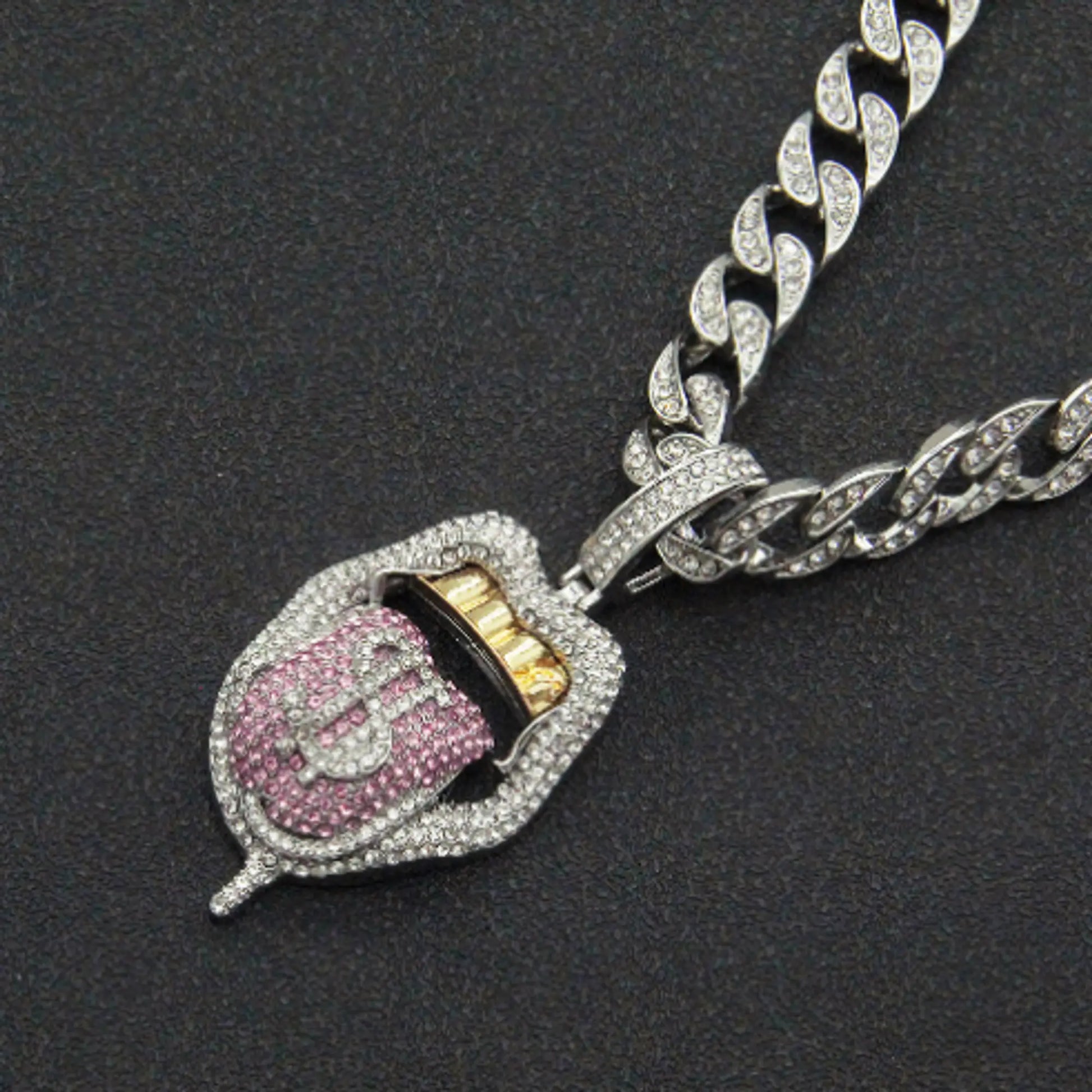 Dollar Tongue Shape Pendant with Pink Crystal Cuban Chain - GLR SHOPPING