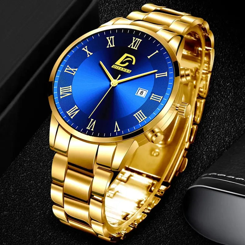 Fashion Mens Gold Stainless Steel Watches Luxury Minimalist Quartz Wrist Watch Men Business Casual Watch - GLR SHOPPING