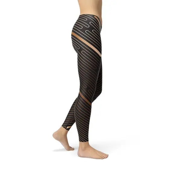 Womens Striped Lines Sports Brown Leggings - GLR SHOPPING