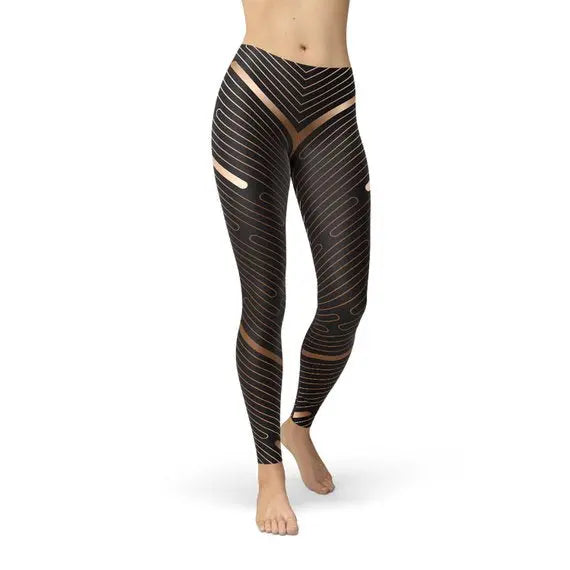 Womens Striped Lines Sports Brown Leggings - GLR SHOPPING