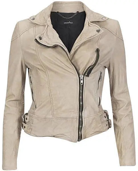 Cynthia Womens Leather Jacket Ivory White - GLR SHOPPING