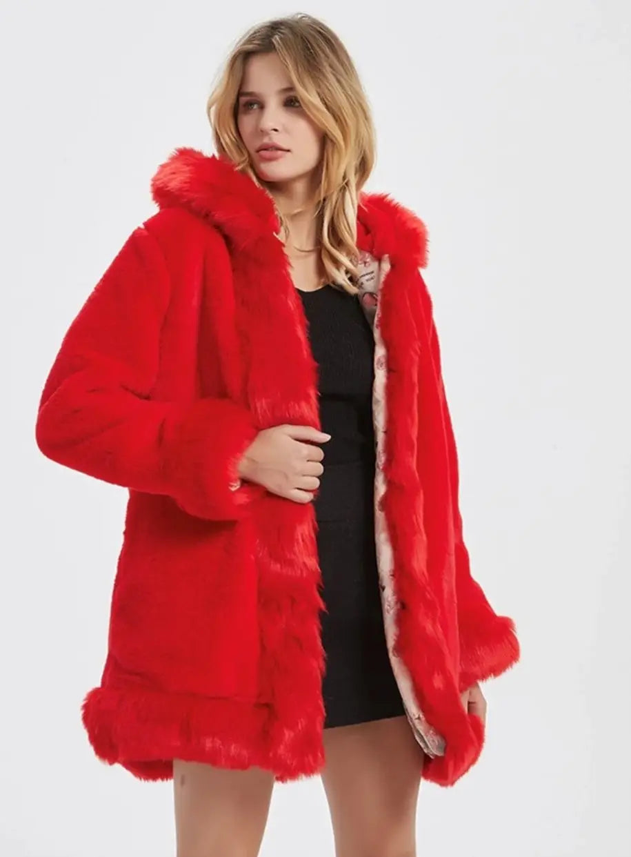 Womens Hooded Faux Fur Collar Coat - GLR SHOPPING