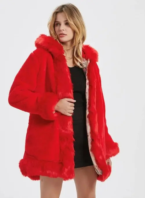 Womens Hooded Faux Fur Collar Coat - GLR SHOPPING