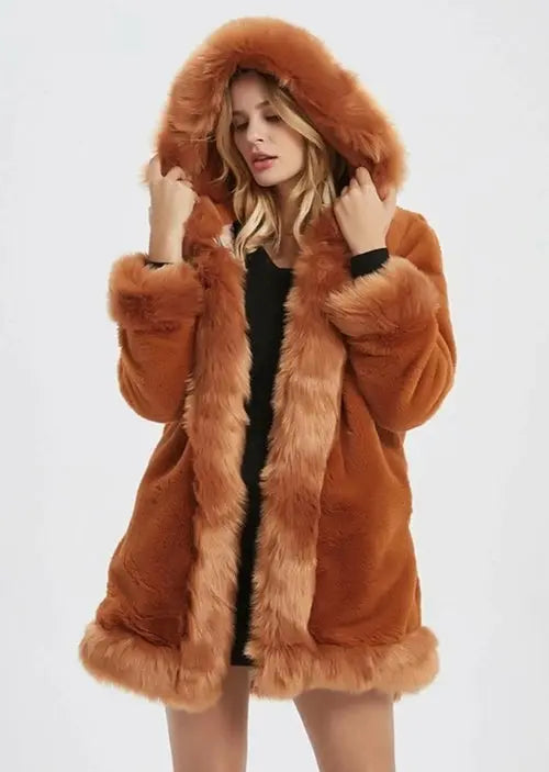 Womens Hooded Faux Fur Collar Coat - GLR SHOPPING