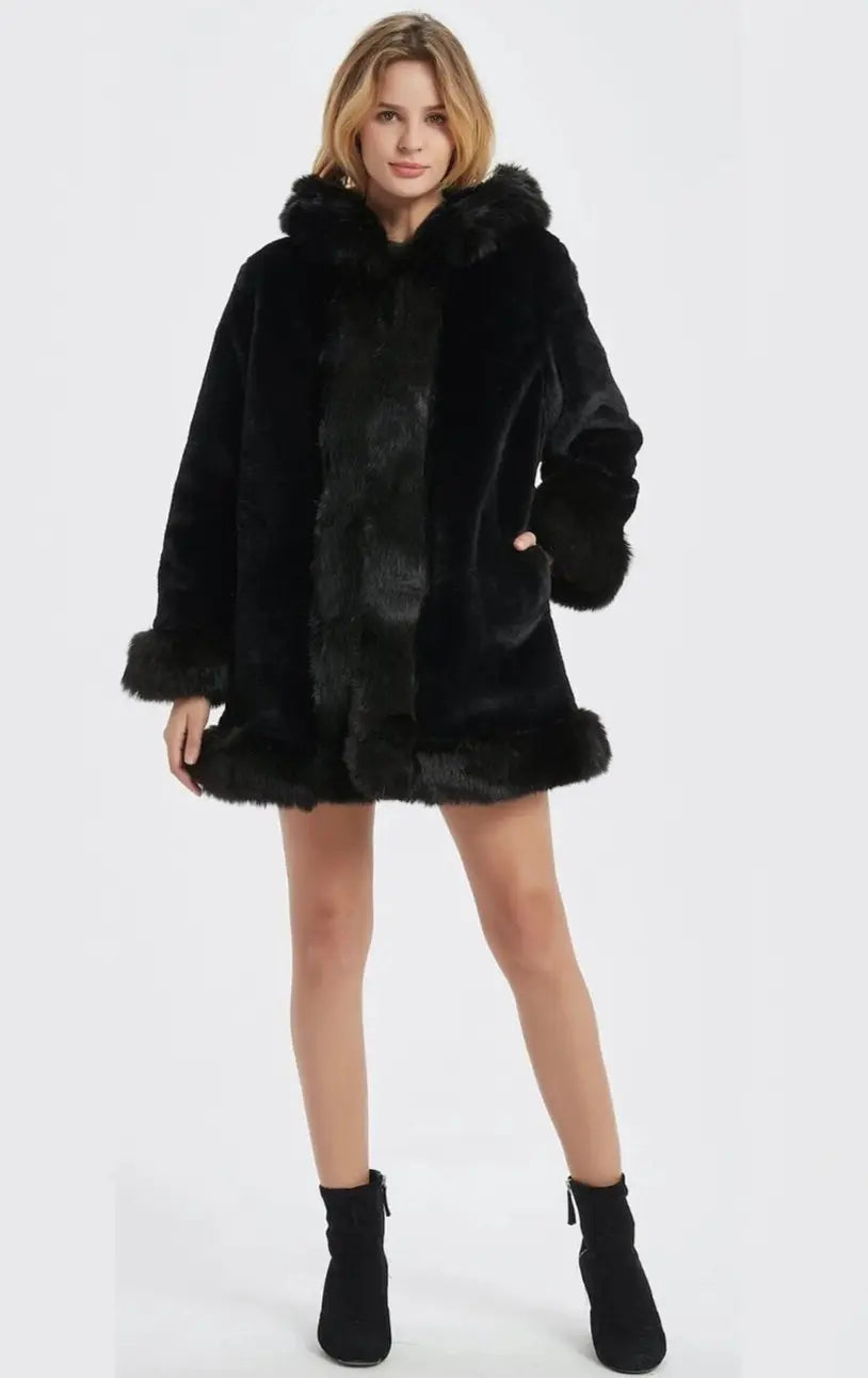 Womens Hooded Faux Fur Collar Coat - GLR SHOPPING