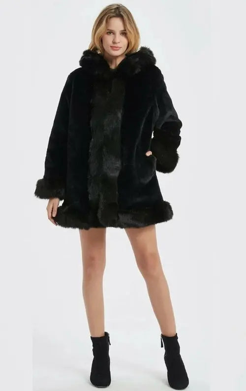 Womens Hooded Faux Fur Collar Coat - GLR SHOPPING