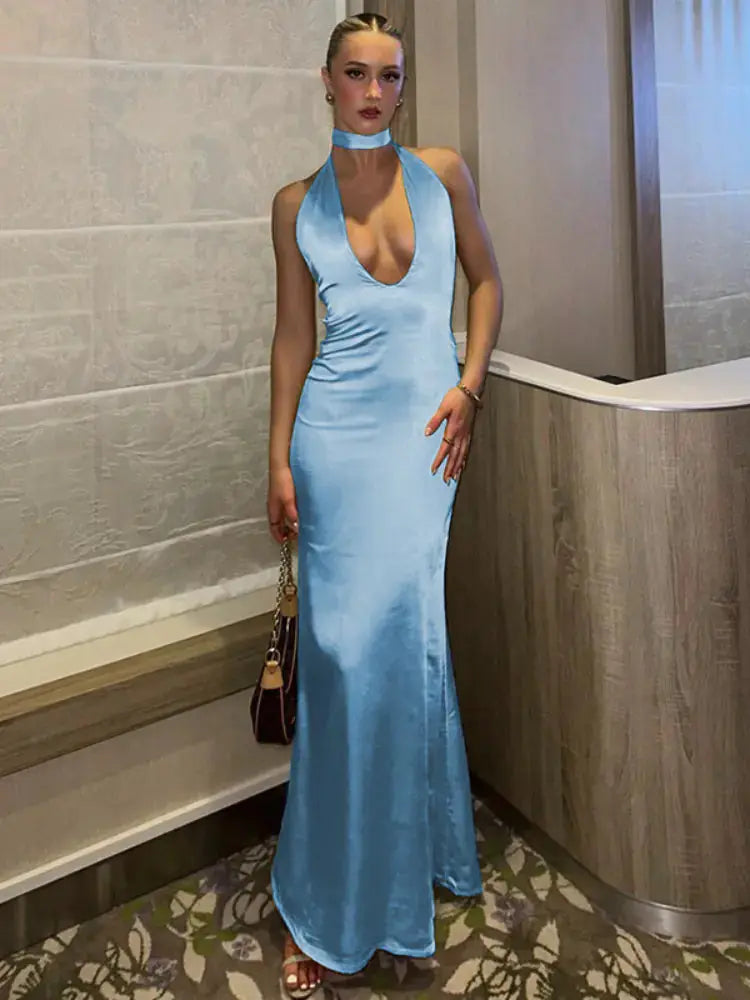 White Satin Halter Fashion Elegant Dress GLR SHOPPING