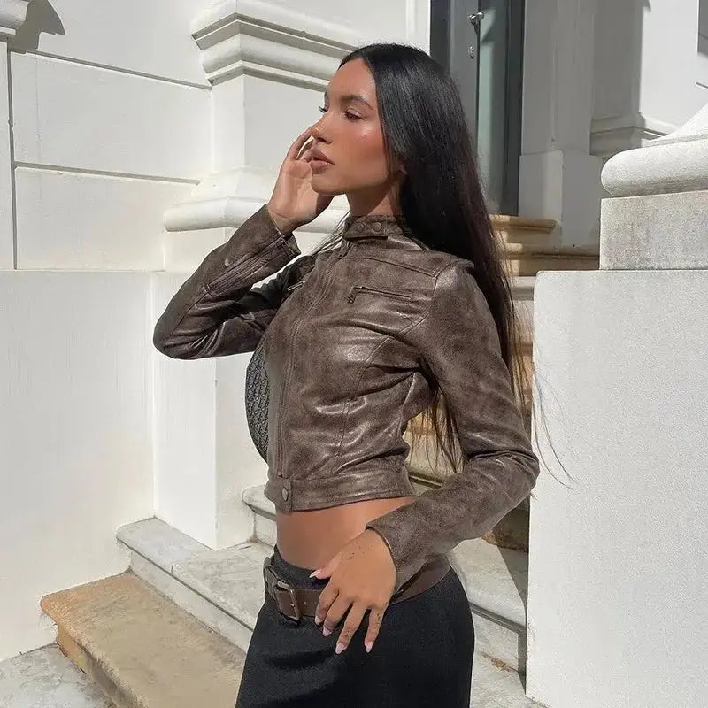 Vintage Zip-Up Faux Leather Jacket GLR SHOPPING