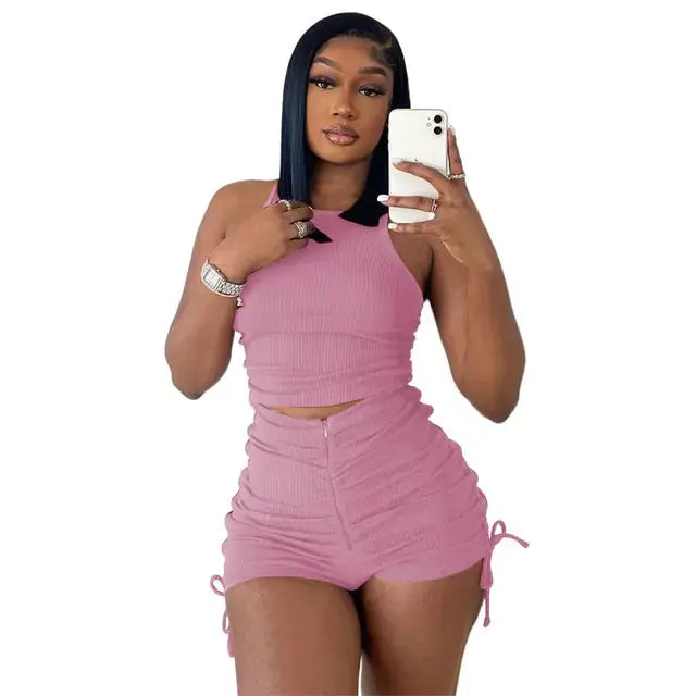 Drawstring Zipper Rib Casual Set GLR SHOPPING