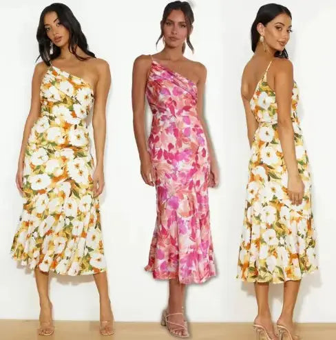 Elegant Floral One-Shoulder Midi Dress GLR SHOPPING