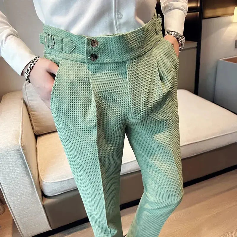 Autumn Winter Pantalones Hombre High Waist Waffle Business Casual Suit Pants for Men GLR SHOPPING