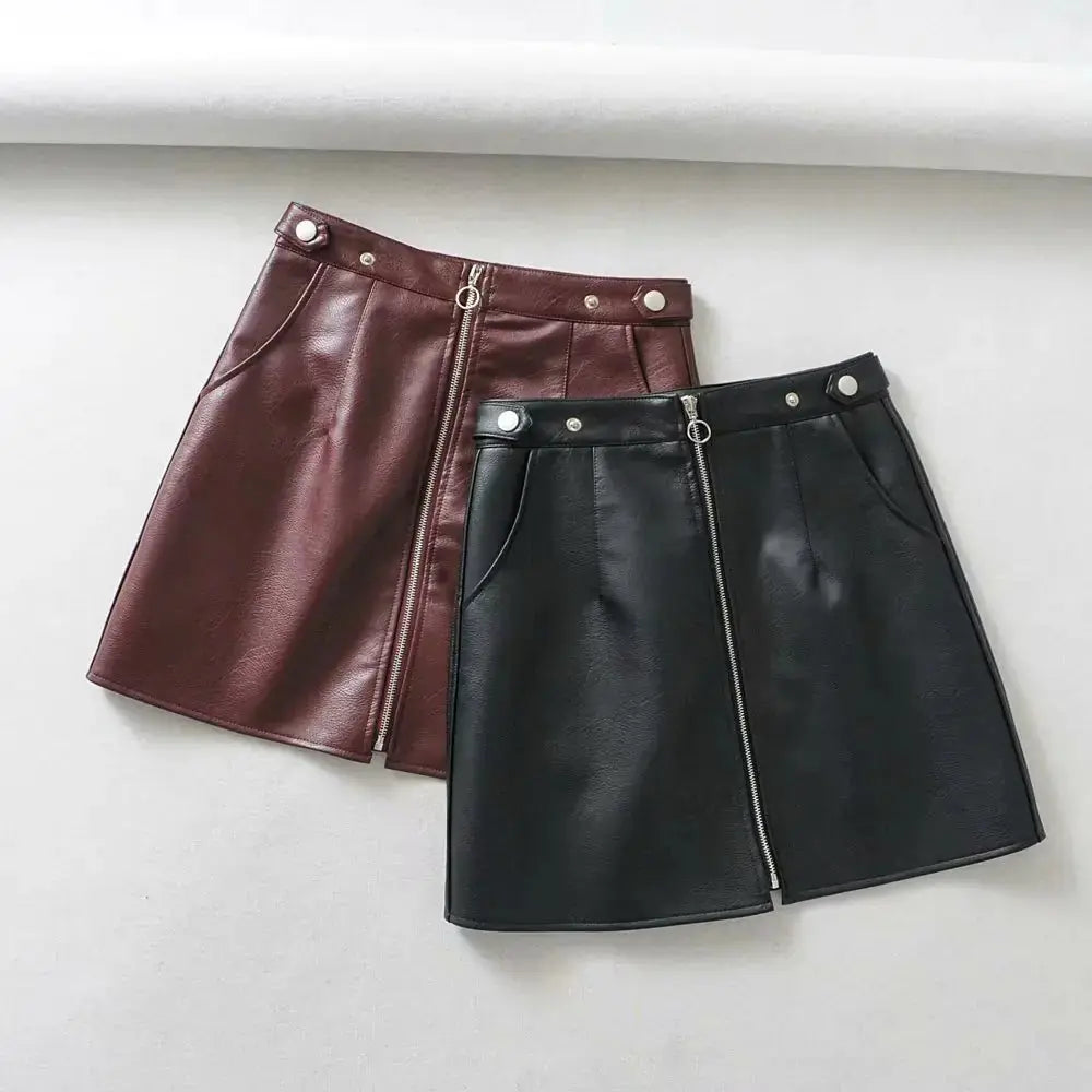 High Waist Slim Zipper A-Line PU Leather Mini Skirt GLR SHOPPING