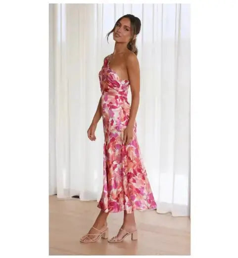 Elegant Floral One-Shoulder Midi Dress GLR SHOPPING