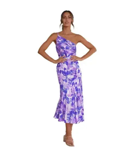 Elegant Floral One-Shoulder Midi Dress GLR SHOPPING