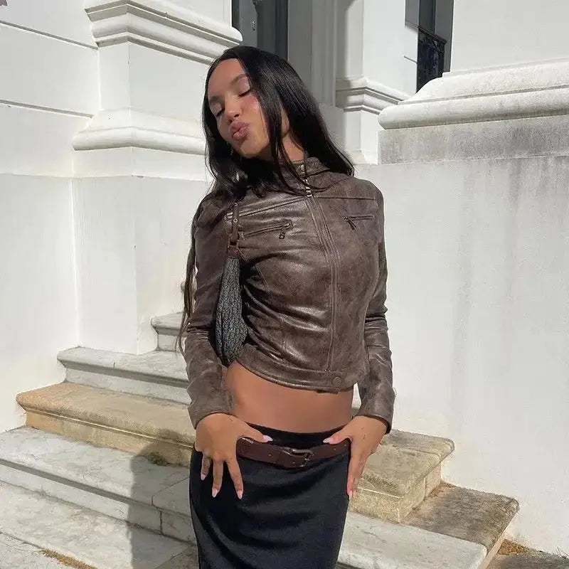 Vintage Zip-Up Faux Leather Jacket GLR SHOPPING