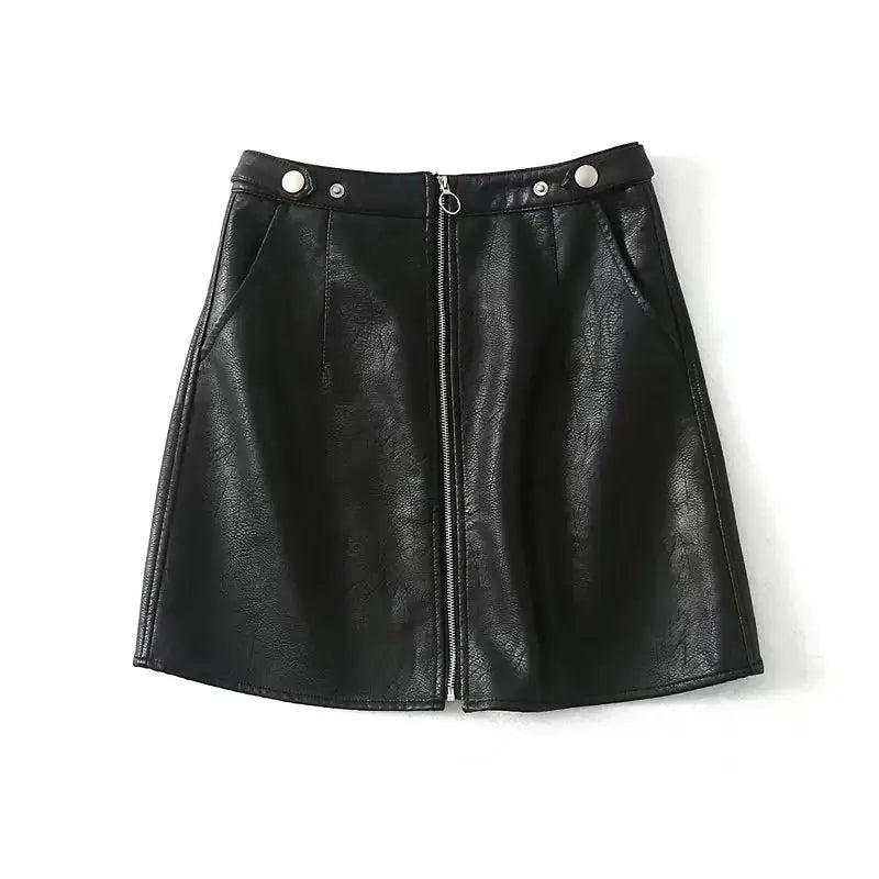 High Waist Slim Zipper A-Line PU Leather Mini Skirt GLR SHOPPING