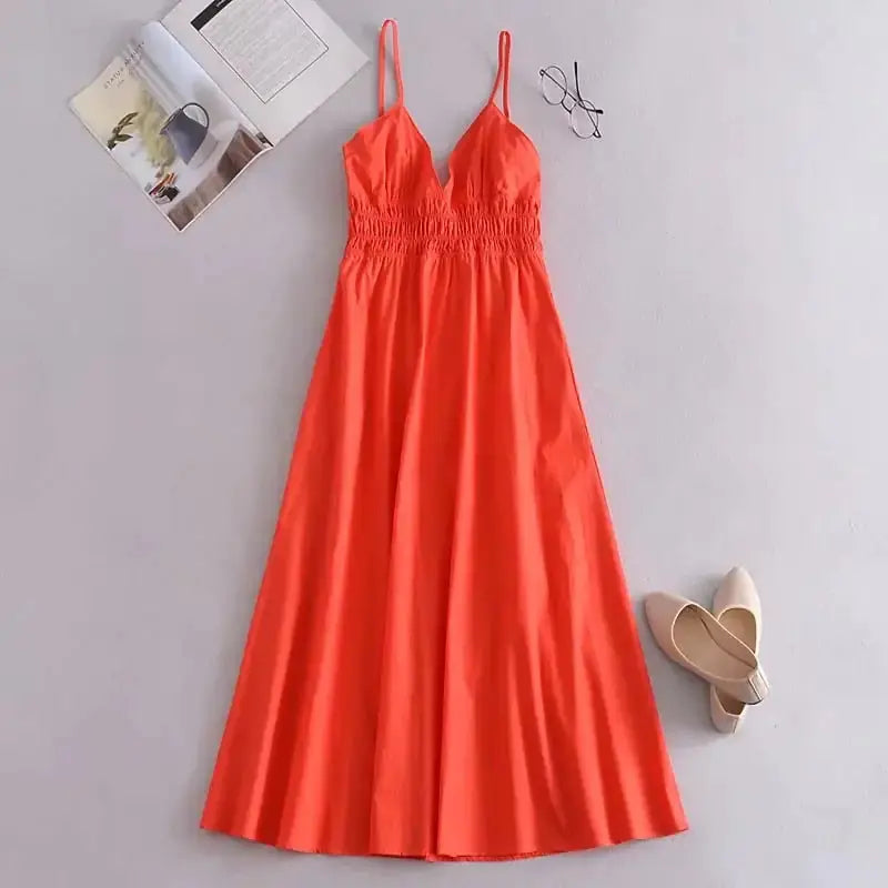 Green Cotton V Neck Summer Women's Dress GLR SHOPPING