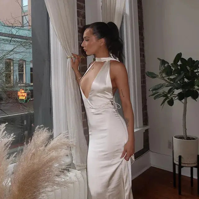 White Satin Halter Fashion Elegant Dress GLR SHOPPING
