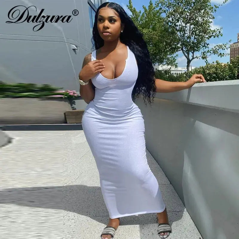 Women's V-Neck Bodycon Striped Knitted Sleeveless Midi Dress GLR SHOPPING