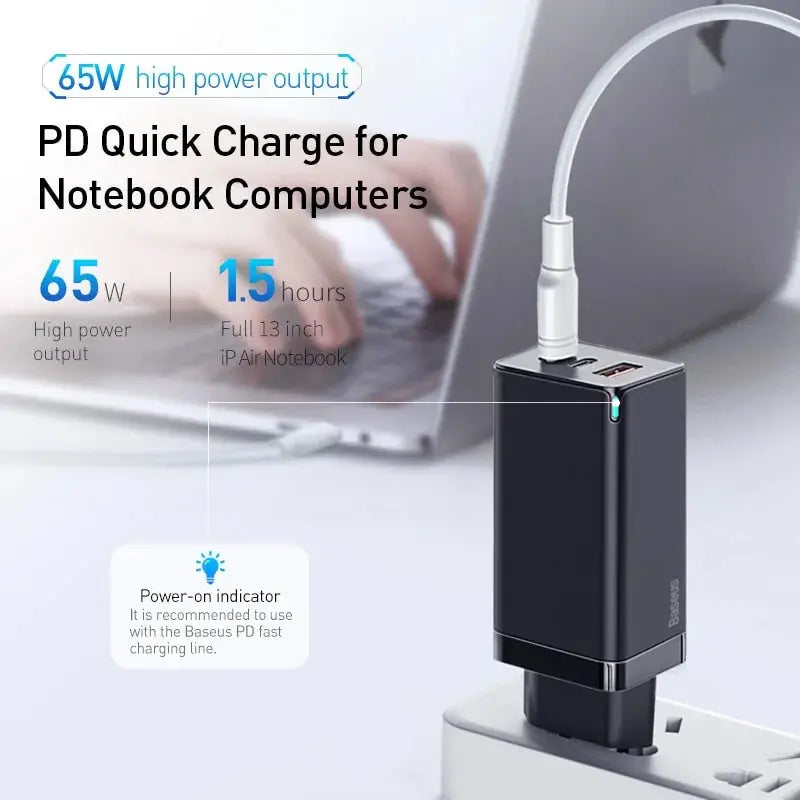 Baseus 65W GaN Charger Quick Charge 4.0 3.0 Type C PD Fast Charger 3 Port USB Charger with QC 4.0 3.0 Portable Phone Charger GLR SHOPPING