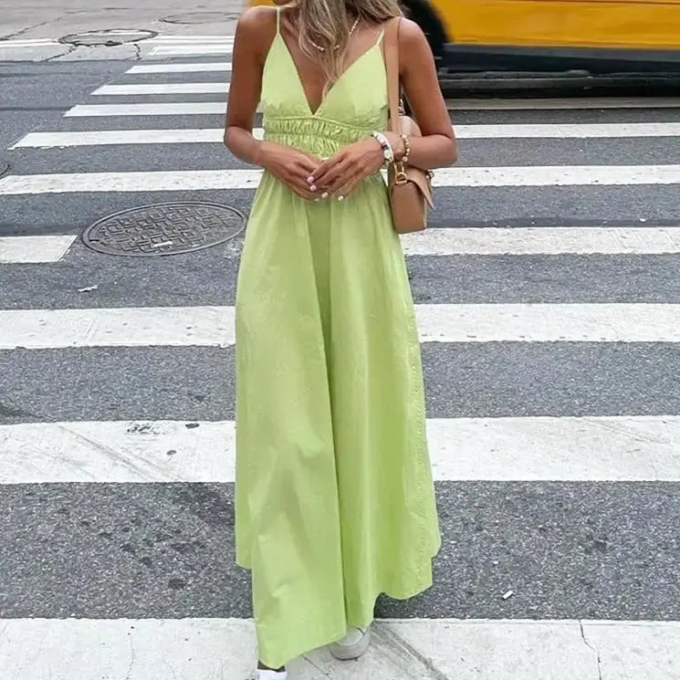 Green Cotton V Neck Summer Women's Dress GLR SHOPPING