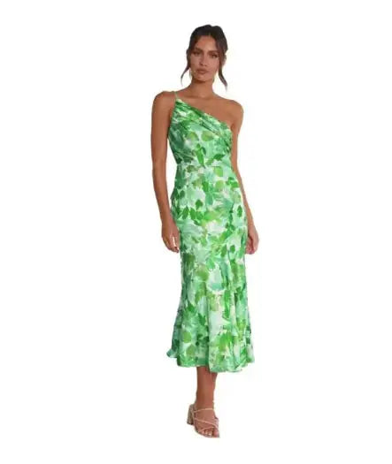 Elegant Floral One-Shoulder Midi Dress GLR SHOPPING